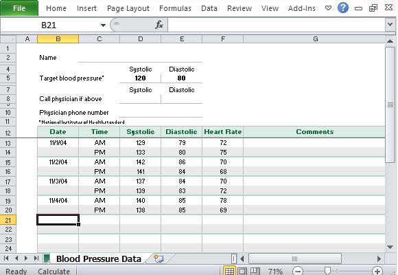blood pressure chart in excel date and time