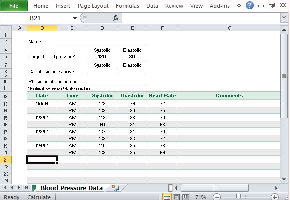 blood pressure monitor chart in microsoft excel