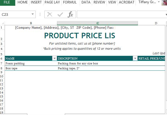 Product Price List Maker Template for Excel