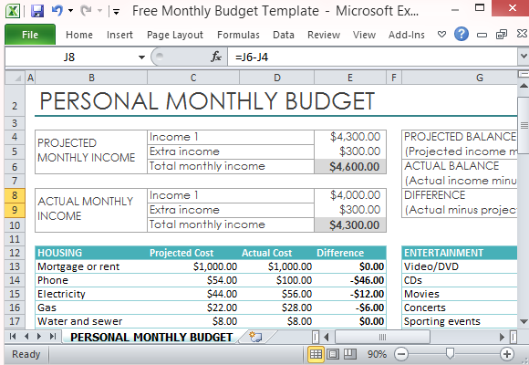 sample of personal monthly budget in excel