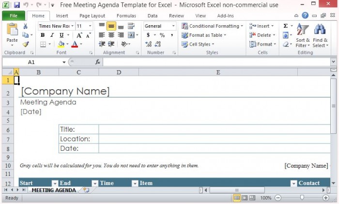 Free Meeting Agenda Template For Microsoft Excel