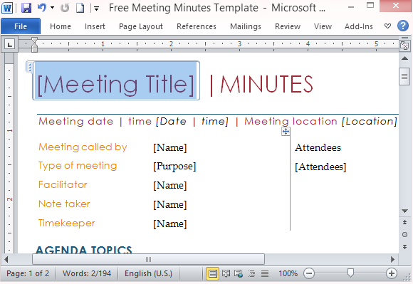 Meeting Minutes Free Template from freeofficetemplates.com