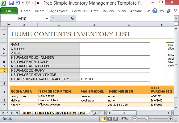 itemized home inventory template for microsoft excel