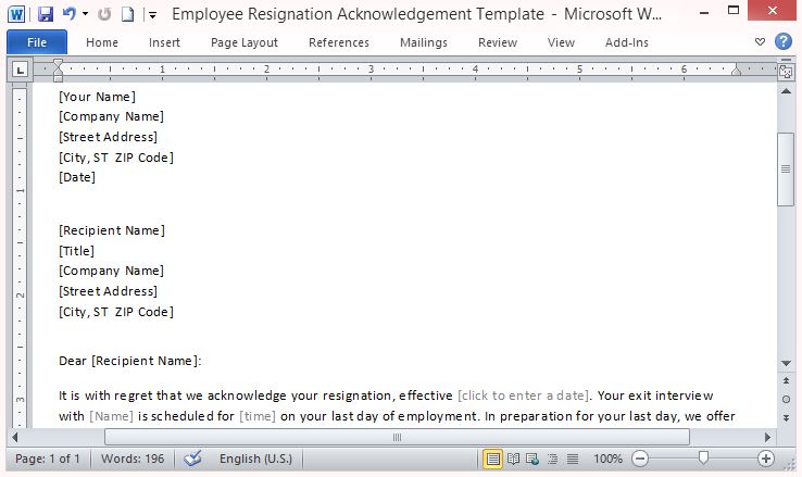 Write a Professional Resignation Acknowledgment Letter