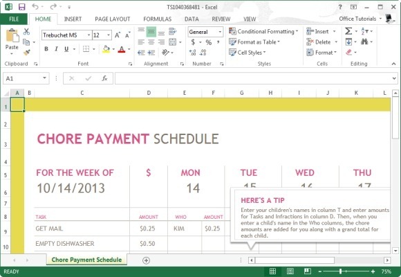 Chore Payment Template For Microsoft Excel 2013