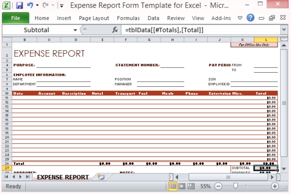 Expense Report Form Template for Excel