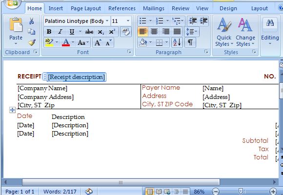 create a receipt in word