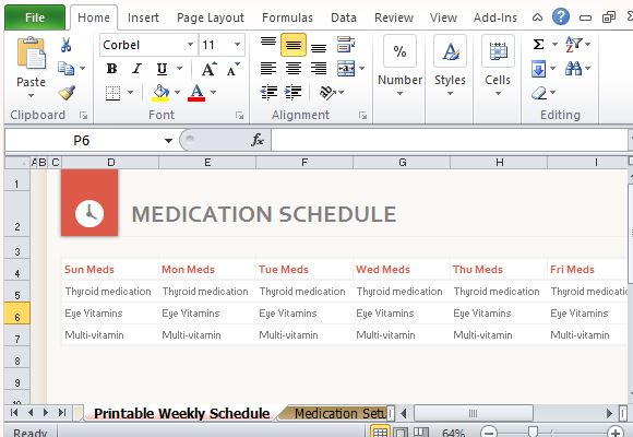 Template Comes with Printer Friendly Medication Schedule Table