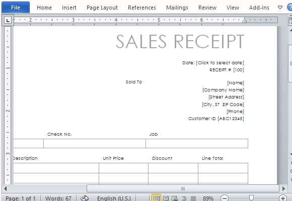 sales receipt template microsoft word