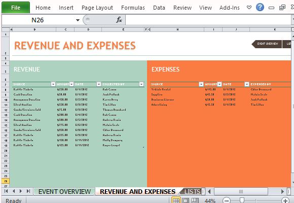 List Your Revenue and Expenses in Color-Coded Tables