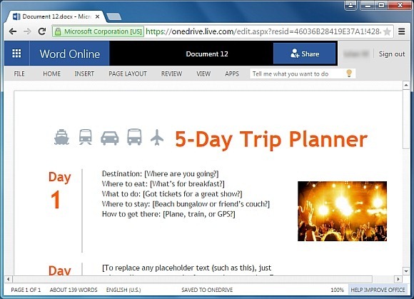 5 Day trip planner template for Word