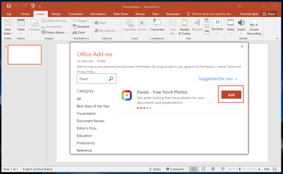 Add Pexels Add-in to PowerPoint