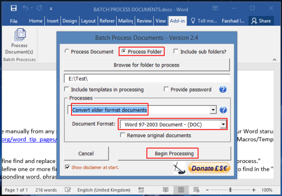 Begin Conversion for Word Documents to Docx Format in Batch