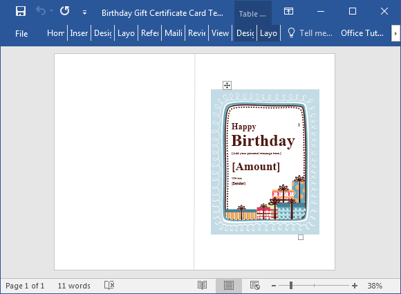 Birthday gift certificate template for Word 2016