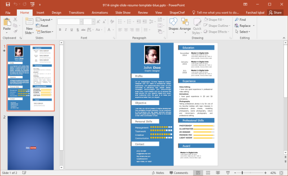 Blue Single Slide Resume Template for PowerPoint