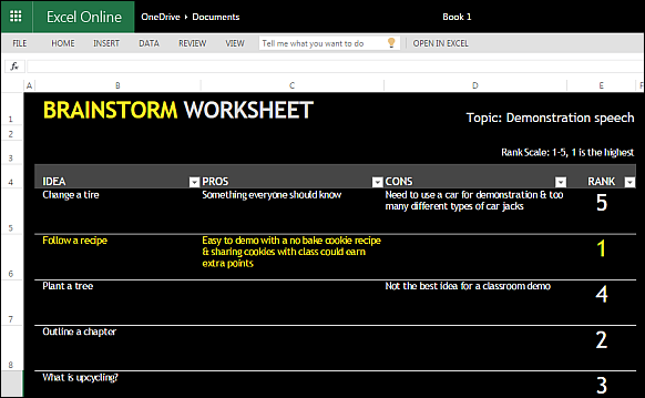 Branstorming template for Excel