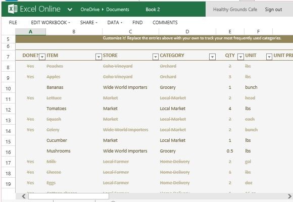 Create grocery list in Excel