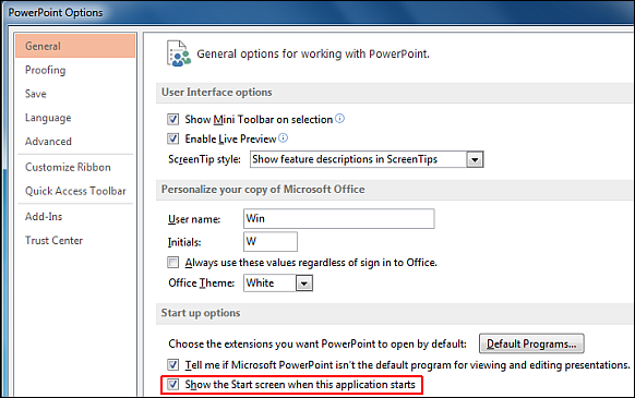 Enable or disable Office 2013 start screen menu