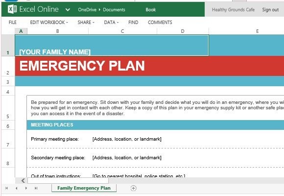 Family emergency plan template for Excel online