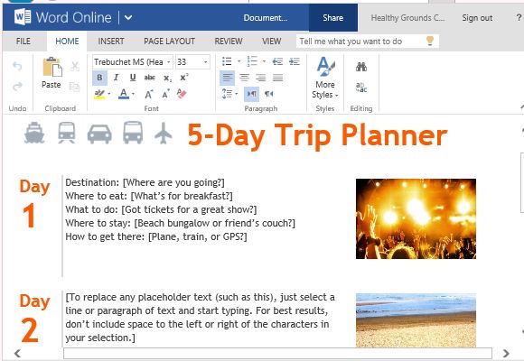 Five Day Trip Planner Template for Word Online