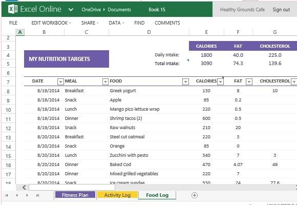 Food log for Excel