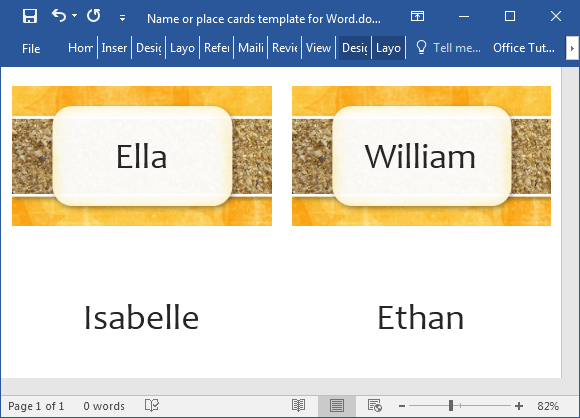 Name or place cards template for Word 2016