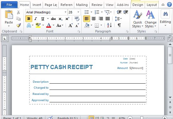 Petty Cash Receipt Template for Easy Filling Up by Employees