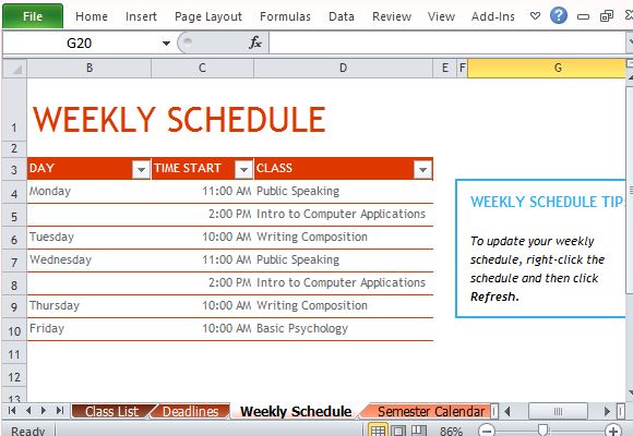 excel student schedule template how to unselect tuesday