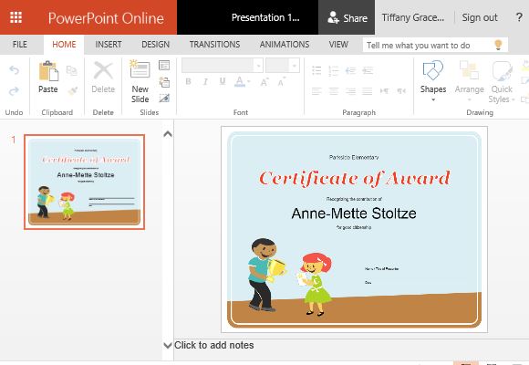 Printable Children's Award Certificate for PowerPoint Online