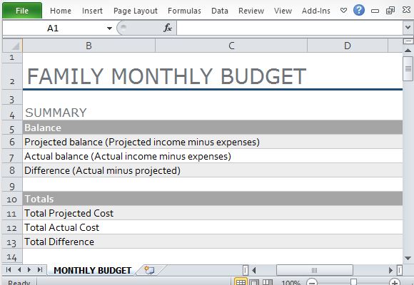 Family Monthly Budget Template for Microsoft Excel