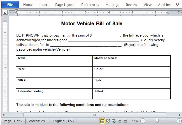 Motor Vehicle Bill Of Sale Template