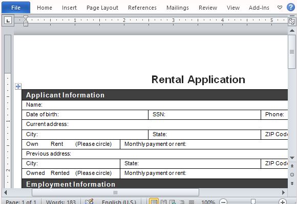 rental application form for word