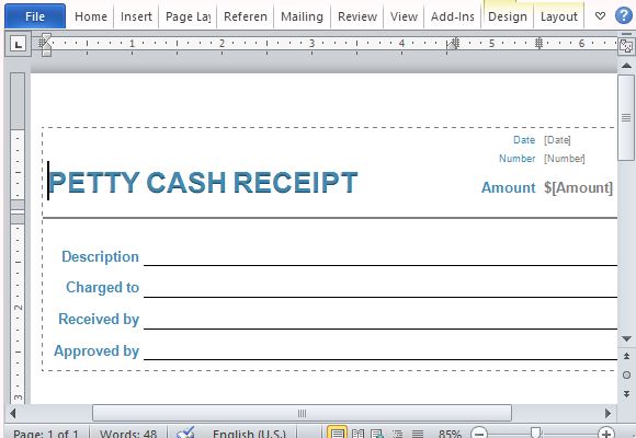 Standard Petty Cash Receipt Form for Business Use