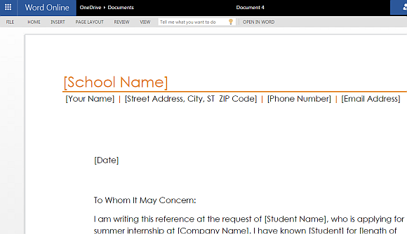 Student reference letter template for Word Online