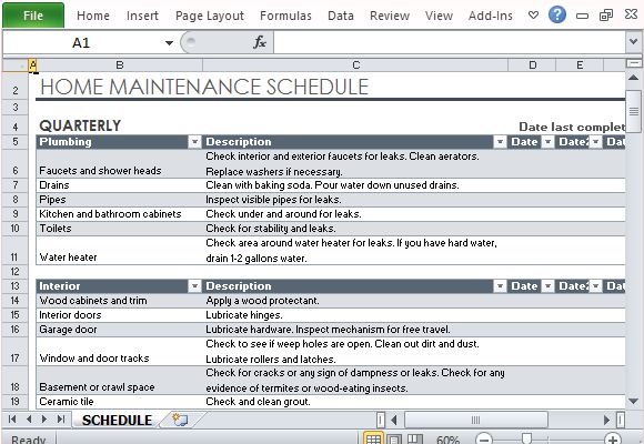 Home Maintenance Schedule Maker Template For Excel