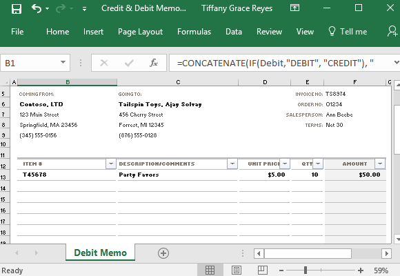 credit memo excel