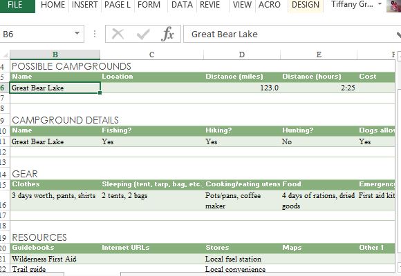 camping trip planner excel